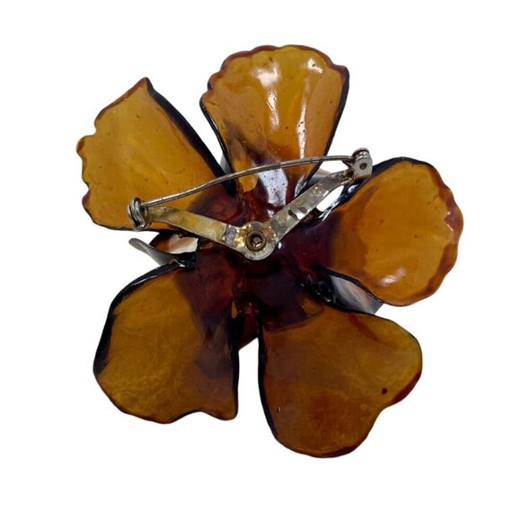 1950s  Retro Amber Orchid Flower Brooch | Cellulose Acetate Pin with Rhinestones - Picture 5 of 6